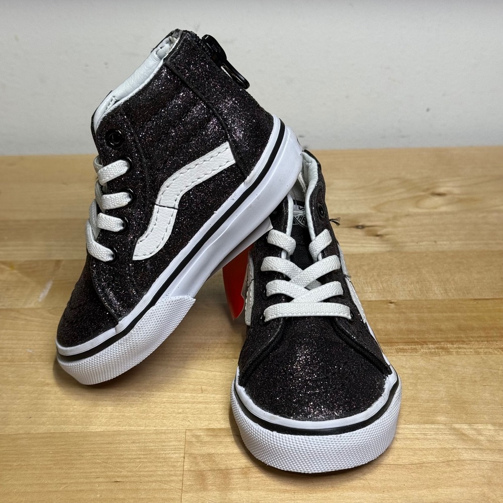 Vans Sk8-Hi Zip Toddler Kids Black Glitter High Top Sneakers Shoes NWT